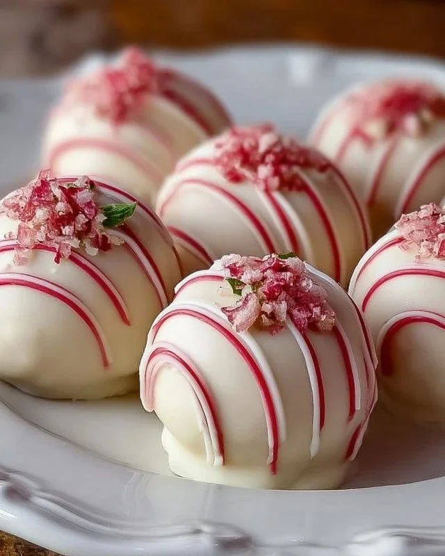 Strawberry cheesecake truffle balls coated in chocolate and garnished with strawberries.
