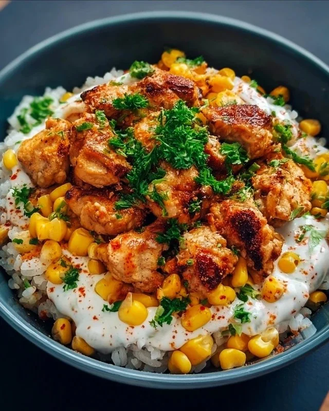 Delicious Street Corn Chicken Rice Bowl with vibrant toppings and rice