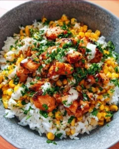 Delicious Street Corn Chicken Rice Bowl with vibrant toppings and spices