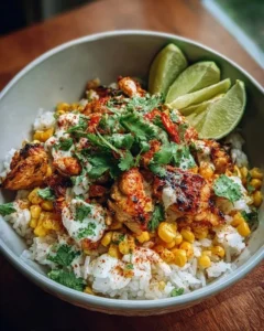Street corn chicken rice bowl with fresh ingredients and vibrant colors