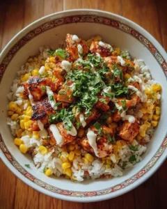 Delicious Street Corn Chicken Rice Bowl topped with flavorful ingredients