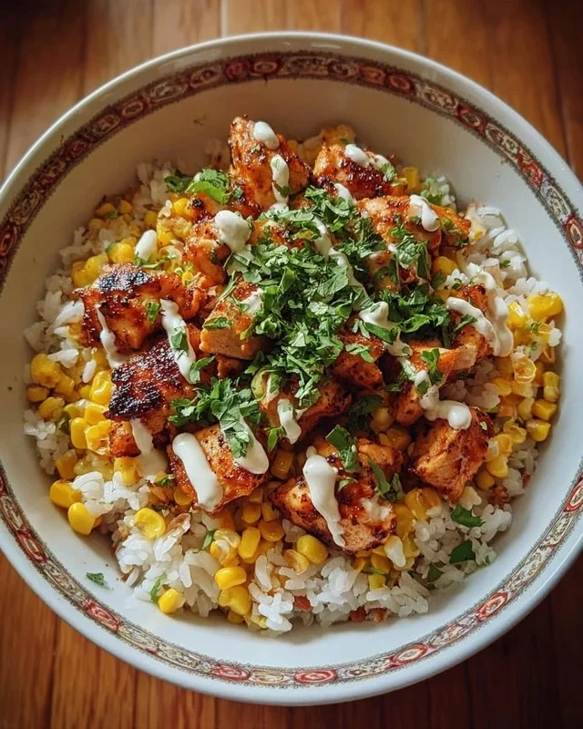 Delicious Street Corn Chicken Rice Bowl topped with flavorful ingredients