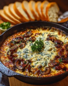 Creamy stuffed mushroom dip served in a bowl with herbs on top.