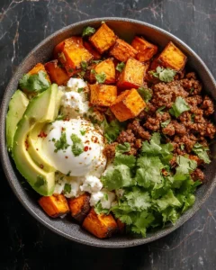 Delicious sweet potato taco bowl with toppings