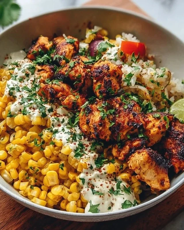 Delicious street corn chicken bowl topped with fresh ingredients and spices