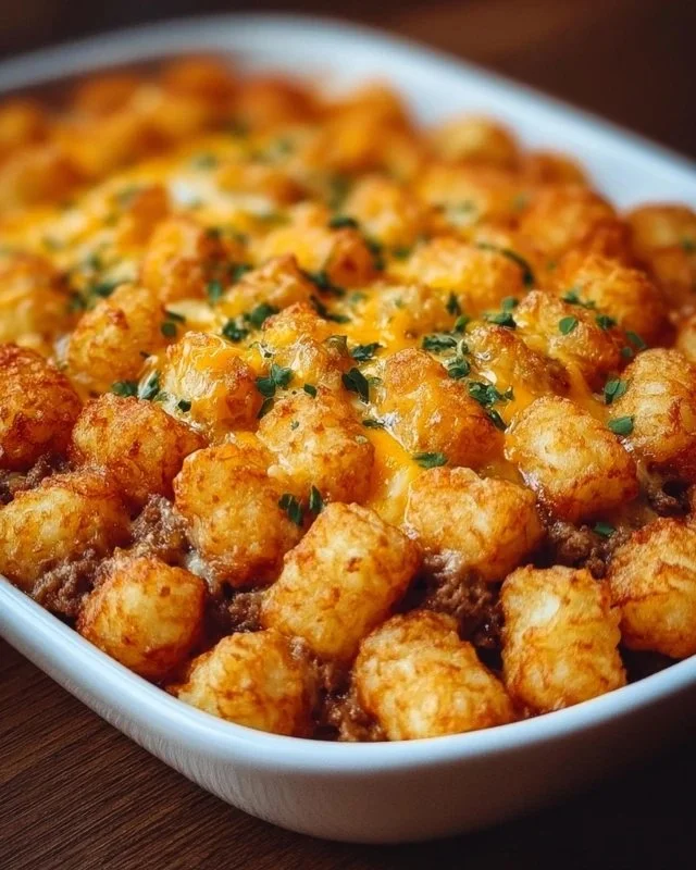Delicious Tater Tot Casserole topped with melted cheese and crispy tater tots.