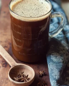 Glass of tea concentrate with tea leaves and brewing tools