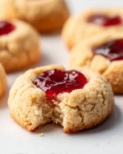 Baked almond flour thumbprint cookies on a wooden tray, gluten-free and vegan.