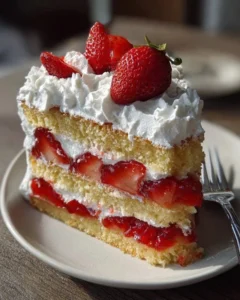 Delicious homemade strawberry shortcake cake with fresh strawberries and whipped cream