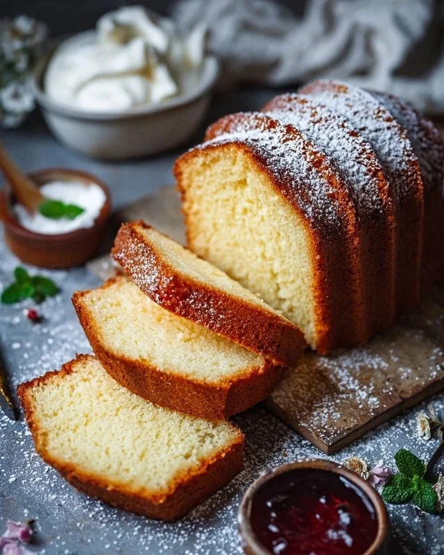Delicious homemade vanilla pound cake on a cutting board