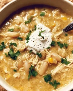 Bowl of creamy White Chicken Chili topped with cilantro and cheese