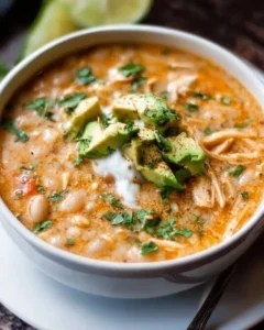 Bowl of creamy white chicken chili garnished with cilantro and lime.