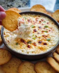 Creamy addictive crab dip served in a bowl with crackers and veggies