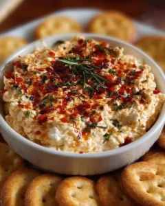 A bowl of Alabama Fire Cracker Dip served with crunchy chips and garnished with herbs.