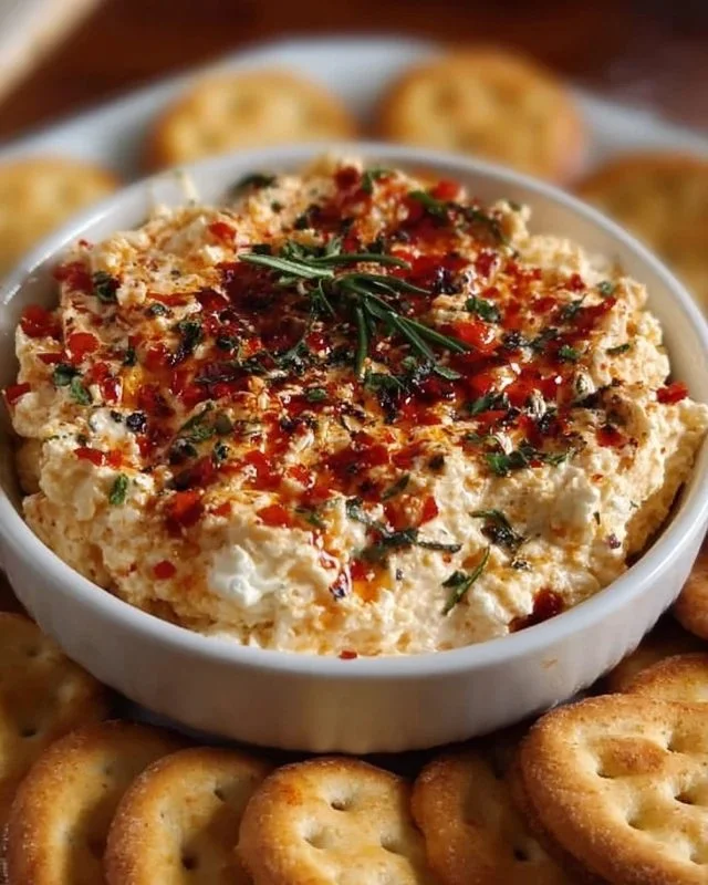 A bowl of Alabama Fire Cracker Dip served with crunchy chips and garnished with herbs.