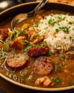 Bowl of authentic Cajun Gumbo with sausage and chicken garnished with parsley
