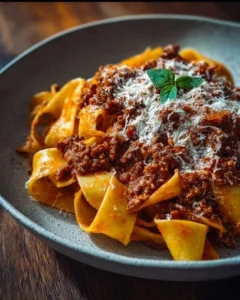 Plate of authentic Pappardelle Bolognese with herbs and cheese
