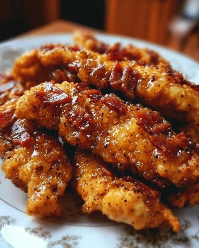 Plate of Bacon Brown Sugar Chicken Tenders with a sweet glaze