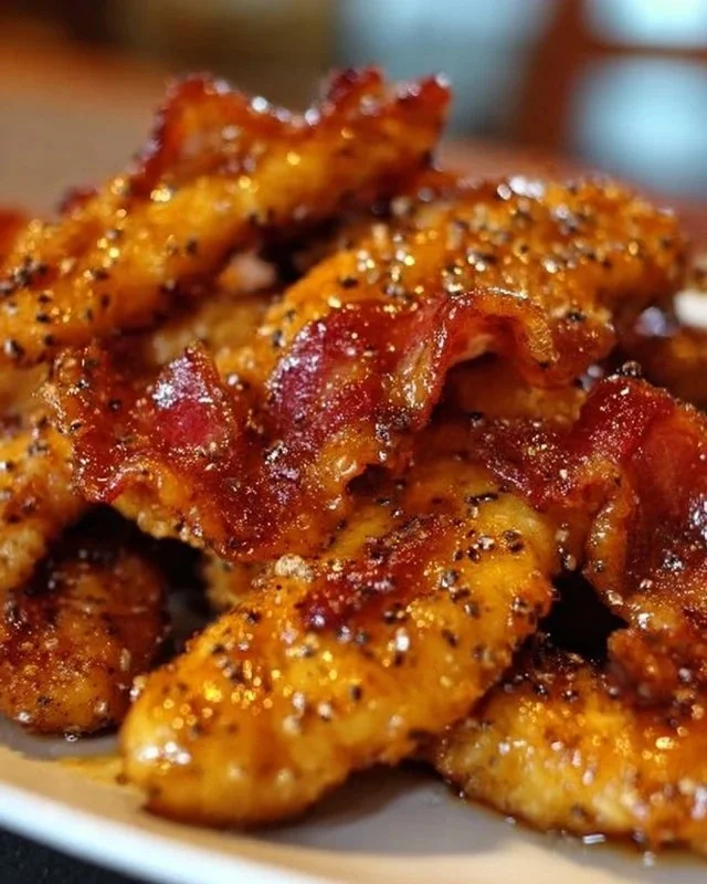 Bacon Brown Sugar Chicken Tenders served on a plate garnished with herbs