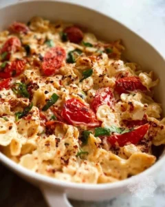 Delicious baked feta pasta served with fresh ingredients and herbs