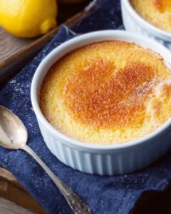 Delicious baked lemon pudding served in a dish, topped with lemon zest