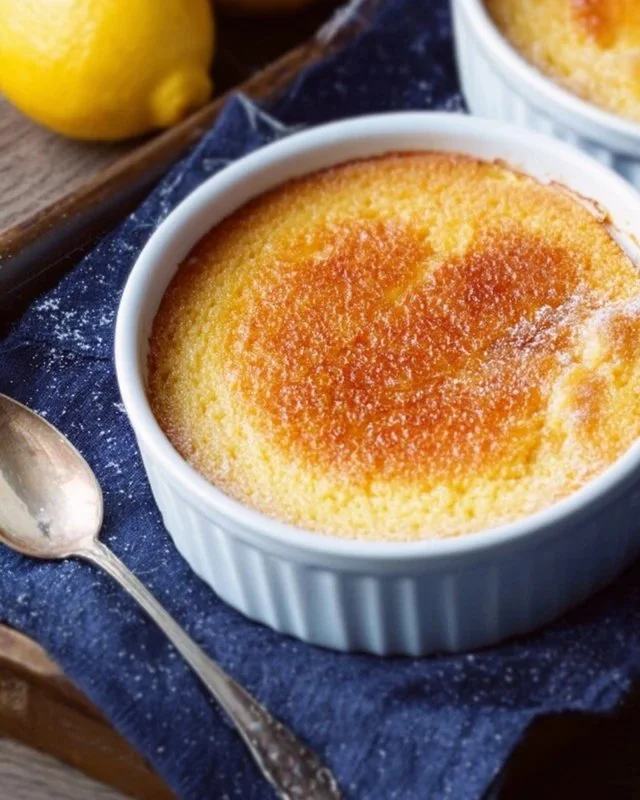 Delicious baked lemon pudding served in a dish, topped with lemon zest