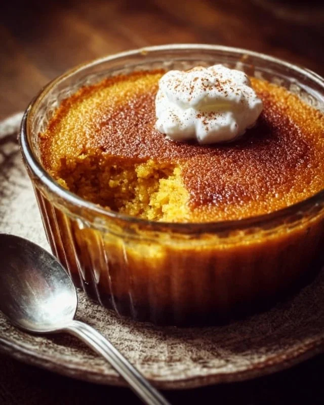 Delicious baked pumpkin pudding served in a warm dish, perfect for fall desserts.