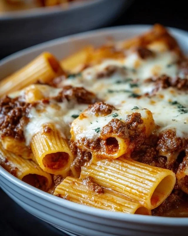 Baked Rigatoni with Beef Ragu and Mozzarella cheese in a casserole dish.