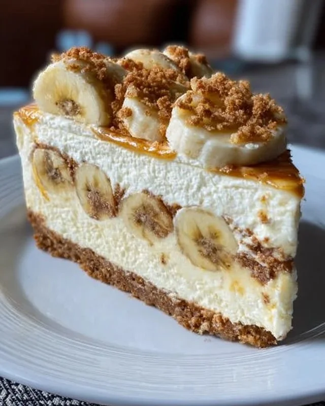 Delicious banana pudding cheesecake topped with fresh bananas and whipped cream