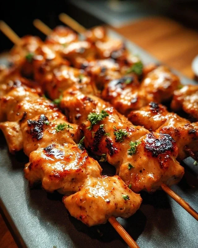 Bang Bang Chicken Skewers served on a platter with dipping sauce