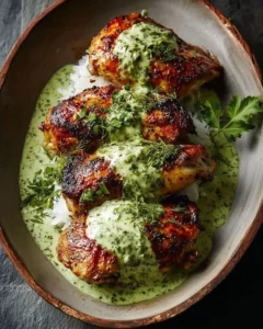 Delicious Peruvian chicken served with creamy green sauce on a plate