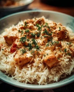 Delicious plate of smothered chicken served with rice and gravy
