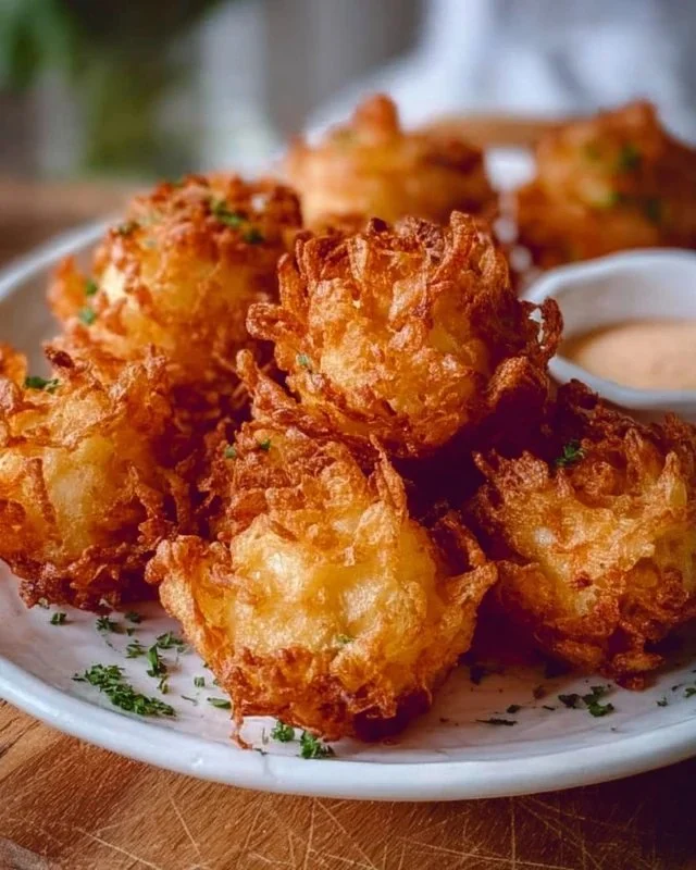 Plate of bite-sized blooming onions served with dipping sauce
