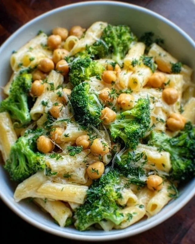 Broccoli Chickpea Pasta tossed in garlic olive oil, garnished with fresh herbs.