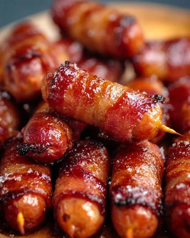 Brown Sugar Bacon Little Smokies appetizer with crispy bacon and sweet sauce