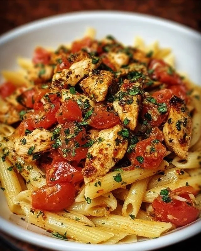 Delicious Bruschetta Chicken Pasta served with fresh ingredients and herbs.