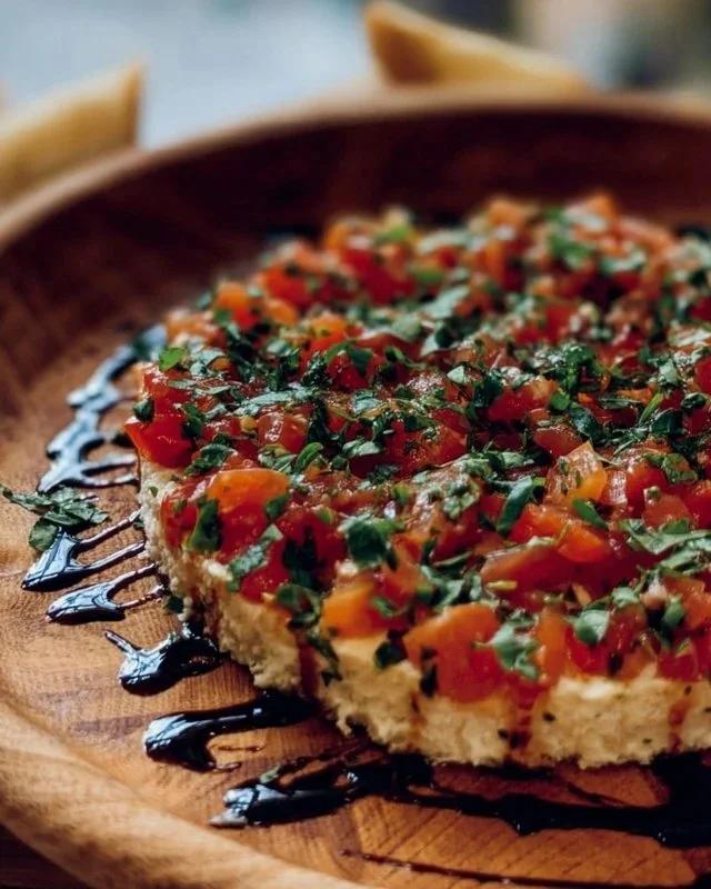Delicious bruschetta dip served with crusty bread and fresh toppings