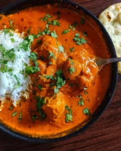 Delicious butter chicken simmered in a rich butter sauce with spices.