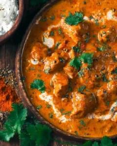 Delicious butter chicken dish with spiced chicken in creamy tomato sauce