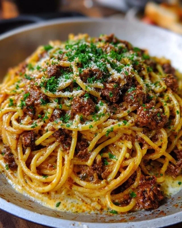 Cajun Beef Spaghetti in Creamy Three-Cheese Parmesan Sauce