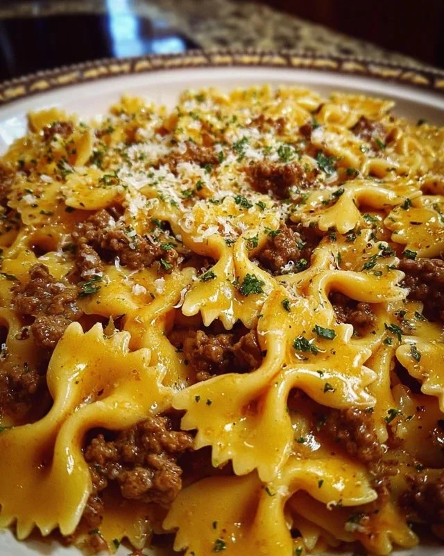 Cajun Cream Cheese Alfredo Bowties with Spiced Ground Beef dish