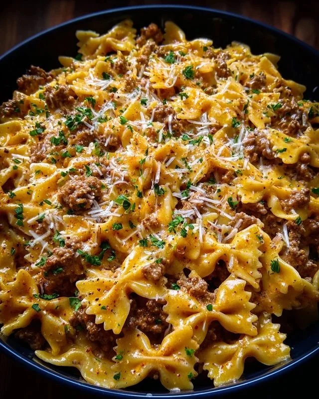 Cajun Cream Cheese Alfredo Bowties with Spiced Ground Beef
