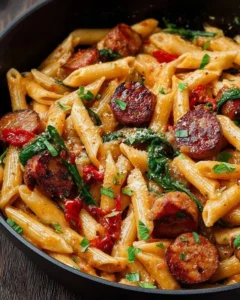 Delicious bowl of Cajun Sausage Pasta with creamy sauce and vibrant spices