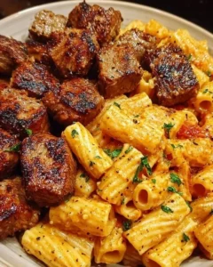 Delicious Cajun Steak Tip Rigatoni with creamy sauce and spices