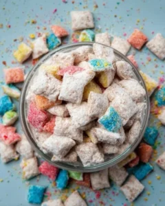 Cake Batter Puppy Chow mixed with colorful sprinkles and chocolate.