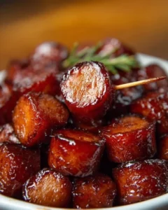 Delicious candied kielbasa bites served on a platter