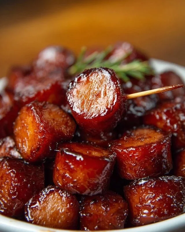 Delicious candied kielbasa bites served on a platter