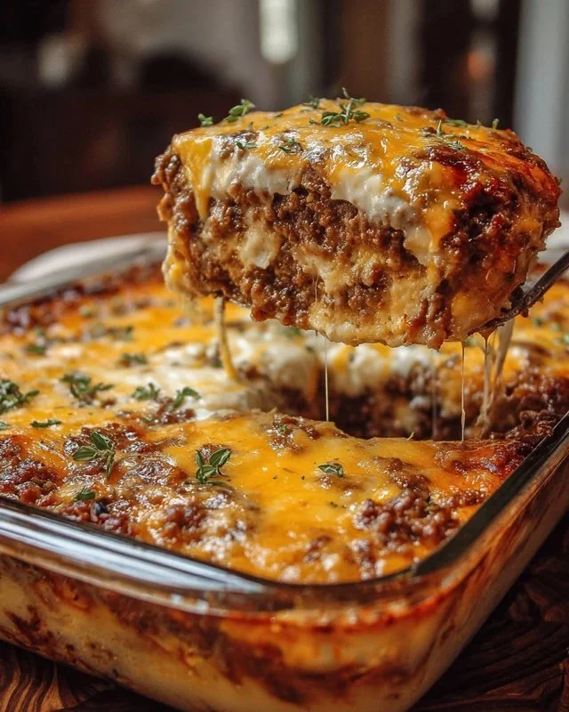Delicious Cattle Drive Casserole topped with cheese and beef