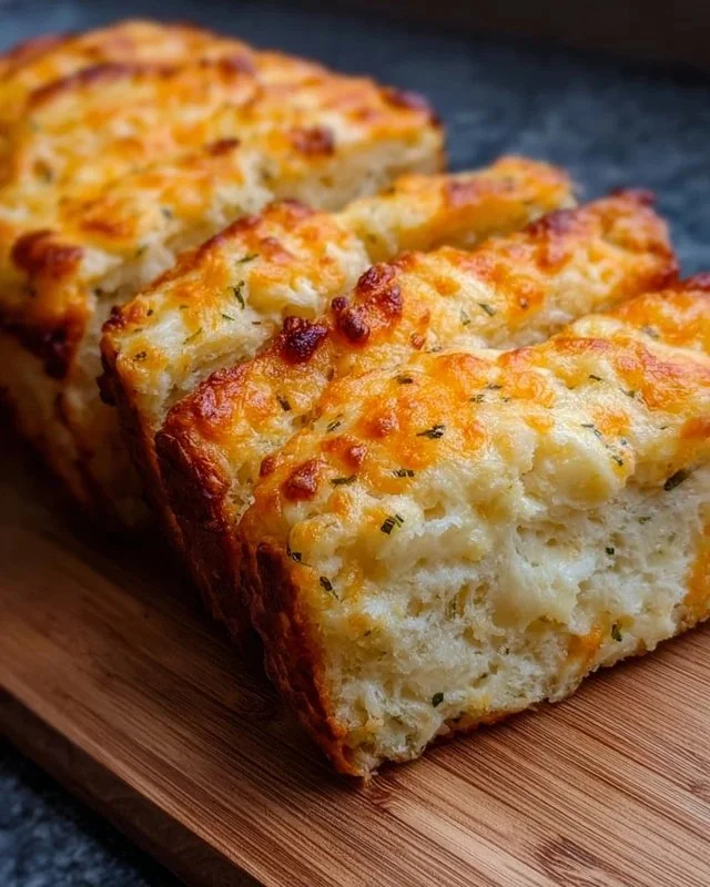 Freshly baked cheese bread loaf with melted cheese on top.