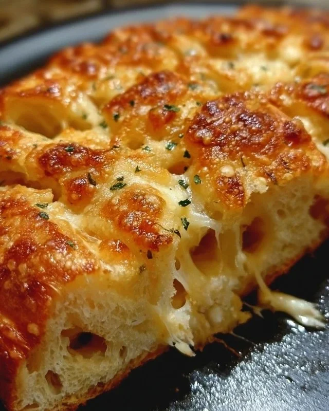 Freshly baked cheesy bread with gooey cheese and golden crust